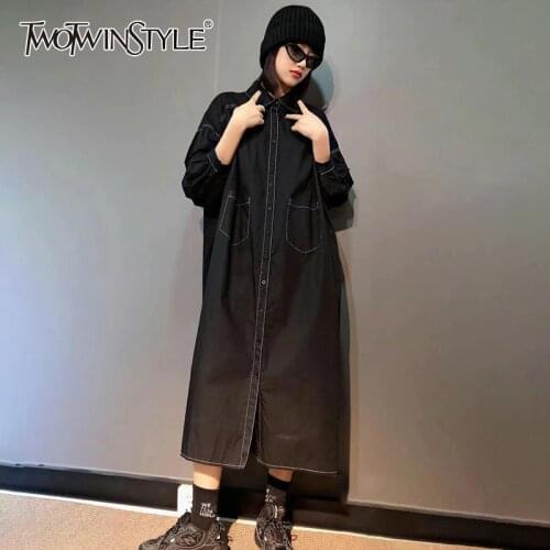 TWOTWINSTYLE Casual Black Shirt Dress For Women Lapel Lantern Long Sleeve Patchwork Pockets Loose Midi Dresses Female 2021 Style