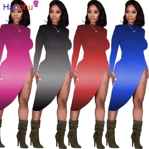 Gradient Color Print Vintage Irregular Dress Women Ruched Side High Split Bandage Midi Dress Elegant Long Sleeve Skinny Vestido