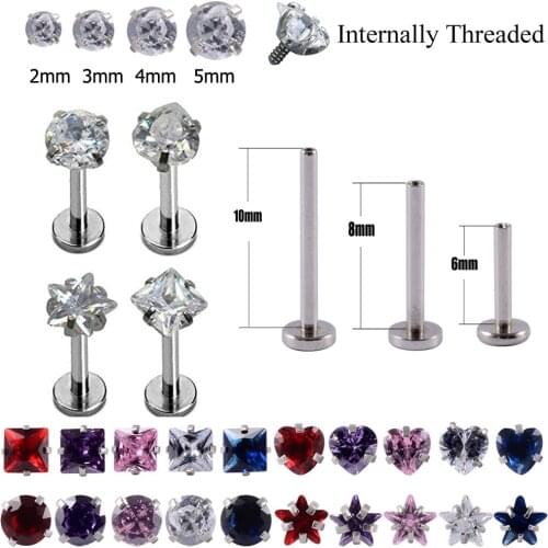 1pc Surgical Steel Prong Set Zircon Ear Helix Tragus Lip Stud Cartilage Earring Labret Monroe Ring Body Jewelry Retainer 16g