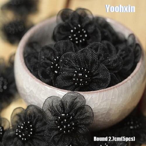5pcs HOT 3D black Flower embroidery lace patches iron on DIY sewing beads t shirt Sticker iron-on applique cloth dress decor