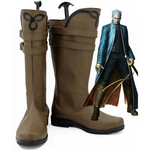 DMC Vergil Cosplay Shoes Halloween Brown High Heel Boots Custom Made European Size
