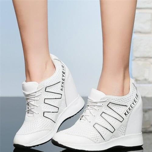 Women Genuine Leather Wedges High Heel Ankle Boots Female Lace Up Breathable Mesh Fashion Sneakers Summer Trainers Casual Shoes