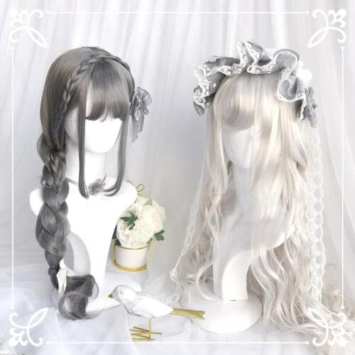 Pure White Lolita Wig Natural Micro Curl Air Bangs Grandma Gray Long Curly Hair 2Styles