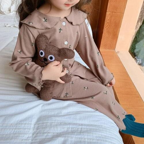 Korean Style Baby Homewear Suit 2021 Autumn Girls' Floral Long-Sleeved Shirt Childrens Hemmed Trousers Two-Piece Suit