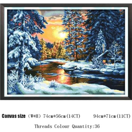 HUACAN Cross Stitch Set DIY Snow Night Christmas Counted 11CT 14CT DMC Embroidery Needlework Home Decoration Handmade