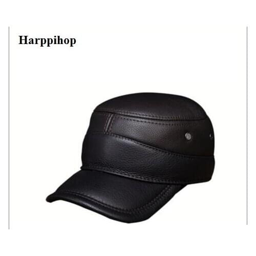 2020 new genuine leather men military cap hat Harppihop new mens real leather adult solid adjustable army hats/caps fashion