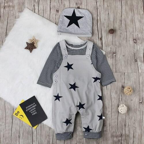 PatPat Spring and Autumn 3-piece Trendy Striped Long-sleeve Tee, Suspender Trouser and Hat Set for Baby Boy Sets