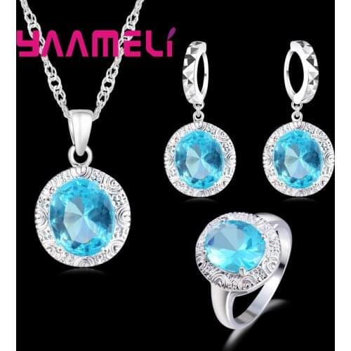 925 Sterling Silver Elegant Style Lake Blue Round For Women Necklace Earrings Ring Set Wedding Birthday Present