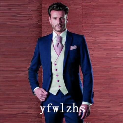 Handsome Groomsmen Peak Lapel Groom Tuxedos Mens Wedding Dress Man Jacket Blazer Prom Dinner (Jacket+Pants+Tie+Vest) A359