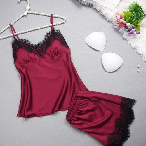 Summer Women Sexy Sleepwear Lace-up Padded Ladies Sling Pajamas Short Sleepwear Set Lace Stitching Sleepwear For Women