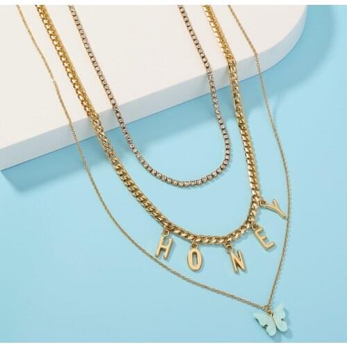 Layered Necklace Women Fashion Letter Honey Tassel Butterfly Pendant Necklace with Diamond Choker Sweater Chain Jewelry Charms