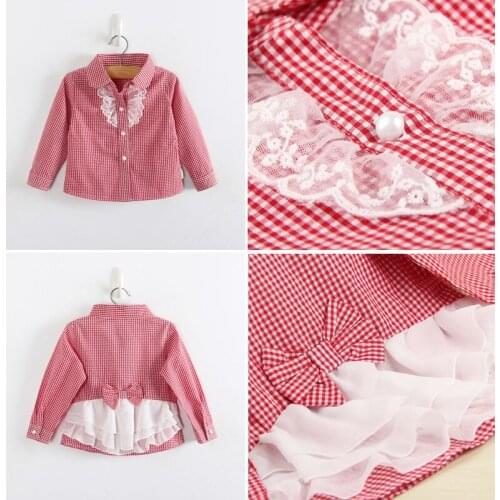 Girls Fashion Plaid Blouses Long Sleeves Shirts For Girls Children Cotton Shirts Kids Lace Bowknot Shirts