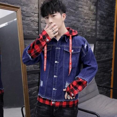 Men Jeans Jacket Plaid Stitching Contrast Color Fake Two-piece Short Denim Jacket Spring Thin Jacket Blue Motorcycle Jacket