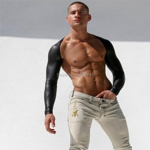 Men Sexy Long Sleeve Bodies Black Mens Sex DJ Club Wear Faux Leather Sleeve Mesh Bodysuit