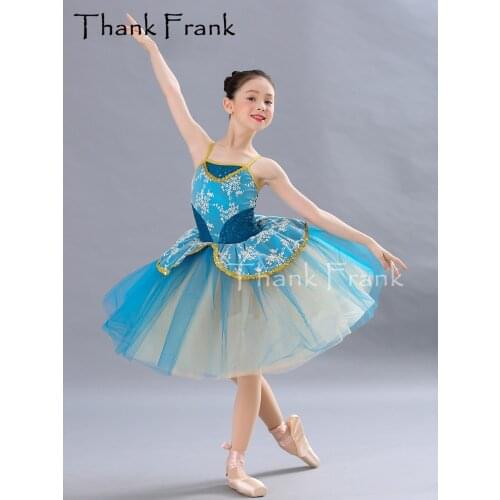 New Girls Camisole Ballet Dress Kids Long Princess Tutu Dresses Women Blue Sequin Ballerina Costume Modern Dance Costumes C496