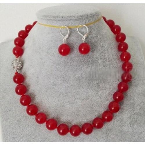 Charming 10mm Red Round Beads Necklace 18"+Earring Set