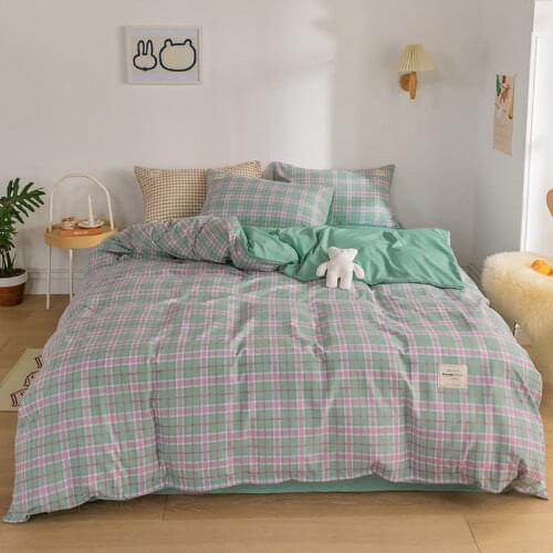 Japanese cream plaid four-piece girl heart washing quilt cover cute bed sheet three-piece home textile bedding