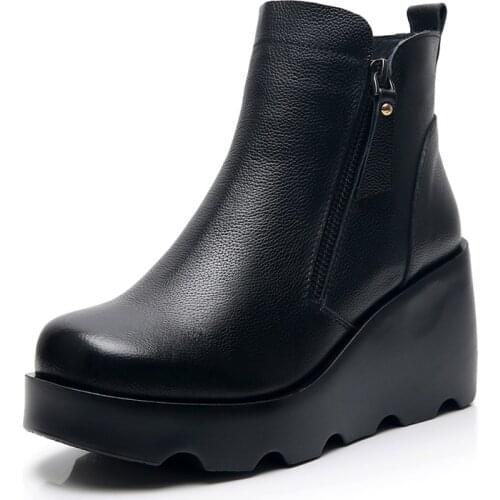 Top Cowhide Thick Sole Retro Autumn Boots Women Ankle Boots Comfort Wedges High Heel Shoes Woman Winter Boots Warm Snow Boots