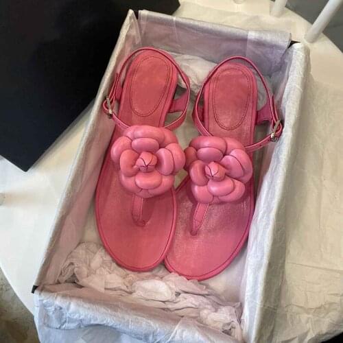 T-tied Genuine Leather Flower Flip Flop Open Toe Shoes Pink Sandals Leather Gladiator Sandals Zapatos De Mujer Luxury Brand 2020