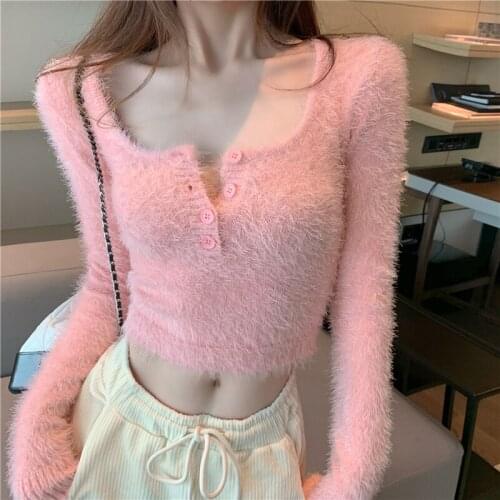 Sueters De Mujer Moda 2020 Square Collar Button Solid Sweet Knitted Sweater Vintage Long Sleeve Female Pullovers Chic Tops