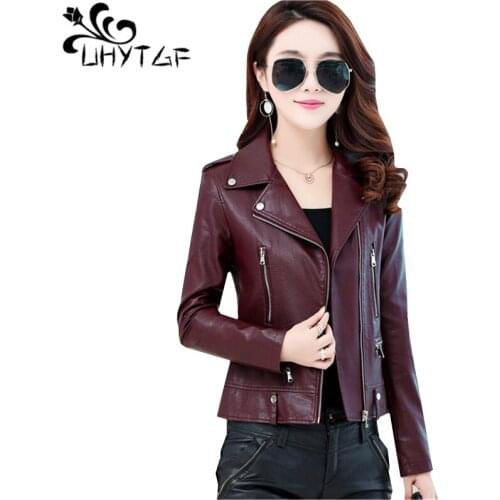 UHYTGF High Quality Short leather Jacket Women New Slim Spring Autumn Outerwear lapel Zipper luxury leather Jacket Lady M-4XL963