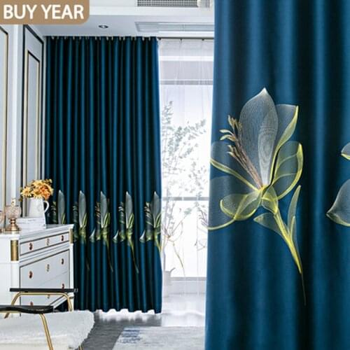 Embroidery Curtains for Living Dining Room Embroidery Bedroom High-end Curtains Chinese Shading Blue Window Screen Tulle Custom