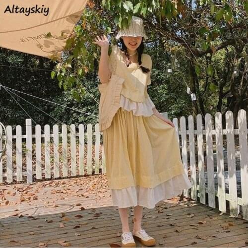 Women Sets Summer Patchwork Lovely Loose T-shirt Ruffles Skirts Elastic Waist Ulzzang College Sweet Simple Leisure Trendy Ins