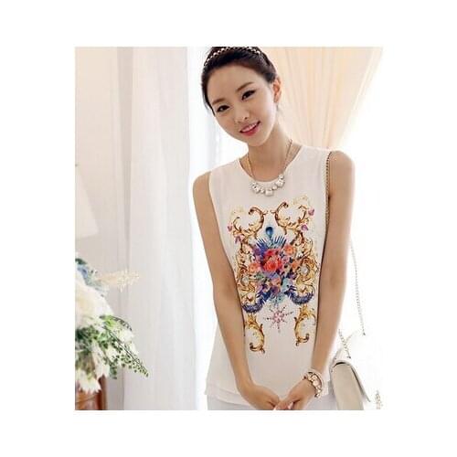Summer New Fashion Korean Style Blouses Womens Floral Print Sleeveless Vest Blouse Chiffon Shirts Tops