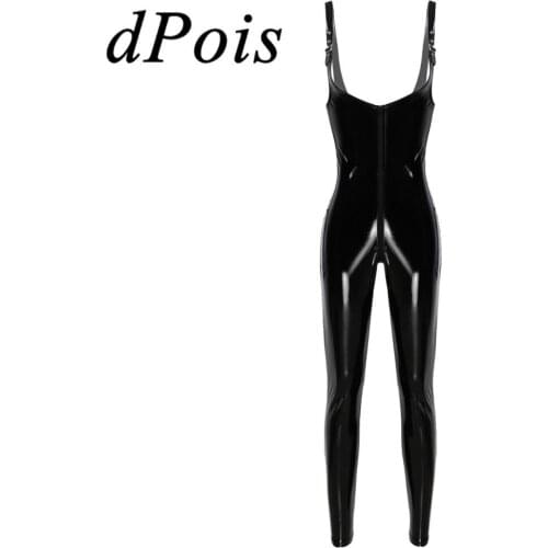 Women One Piece Shiny Metallic Patent Leather Adjustable Strap Sleeveless Front Zippered Long Legging Leotard Bodysuit Clubwear