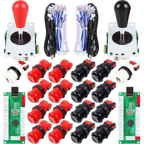 2 Player Ellipse Oval Arcade Joystick + American Style Happ Type Arcade Buttons for PC MAME Raspberry Pi Red Black