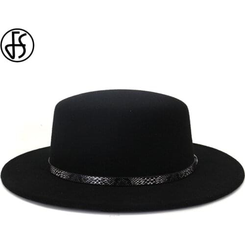 FS Fashion Women Men Wool Flat Fedora Hat For Lady Gentleman Jazz Church Caps Wide Brim Felt Derby Hats Black Belt Ribbon