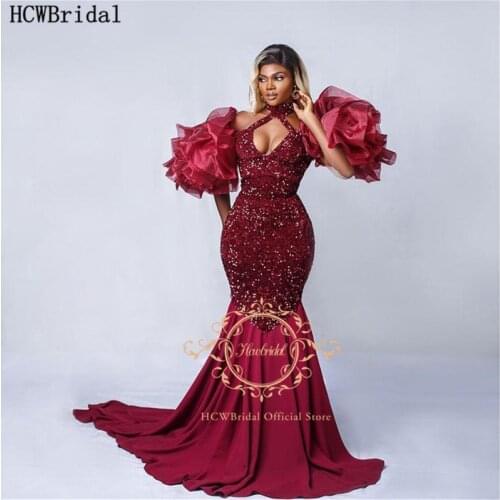 Graceful Burgundy Mermaid African Evening Dress Sparkly Sequins Puff Sleeves Black Women Occasion Pageant Party Evening Gowns