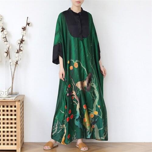 Johnature Women Chiffon Vintage Shirt Dresses Print Floral Bat Sleeve 2021 Summer New Loose Female Dresses