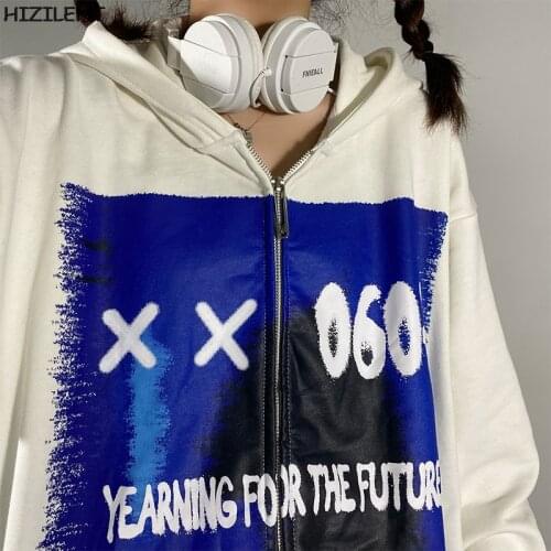 Zip-up Y2K Harajuku Korean style loose print goth Grunge long-sleeved Oversized hooded coat vintage jacket Female Sweatshirts