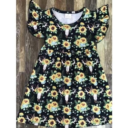 Summer girls children clothes knee-length boutique cute sunflower printing wholesale milk silk dress 092