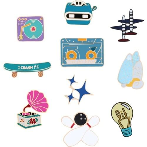 Cartoon Cute Lapel Metal Brooch Pin Airplane Recorder Tape Horn Stars Denim Badge Jewelry Brooches Enamel Pins Boy Girls Gifts