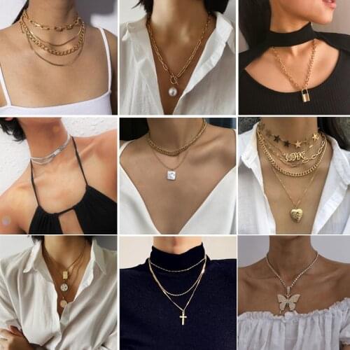 Punk Multi Layered Choker Necklaces Collar Statement Virgin Mary Coin Crystal Pearl Butterfly Pendant Necklaces Women Jewelry