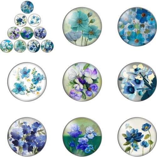 Fashion Bule Beautiful Flowers 10pcs Mixed 12mm/20mm/25mm/30mm Round Photo Glass Cabochon Demo Flat Back Making Findings