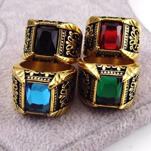 Fashion Men Crystal Rings Gold Color Stainless Steel Vintage Charms Black Red Blue Big Square Stone Finger Retro Rings Jewelry