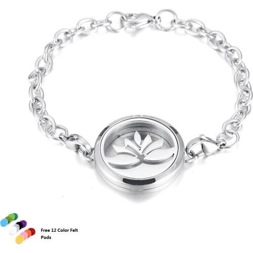 IJP3030 Fashion Stainless Steel Lotus Aromatherapy Essential Oil Diffuser Perfume Locket Bracelet for Women Kids+12 Refill Pads