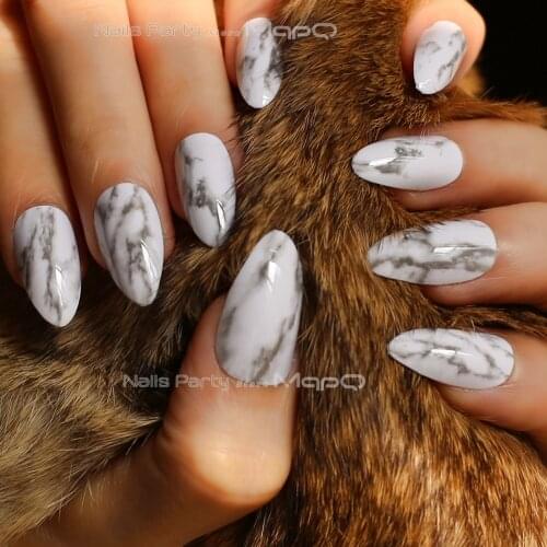 Marble stiletto nails white black DIY Easy to match 24pcs gray Glossy Marble fake nails / Matte OPP bag Customizable box Medium