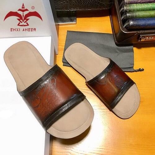 Cool Time Shoes 100% Genuine Leather Slippers Men Lady Slides Handmade Designer Shoes Sandals Patina Brown Color