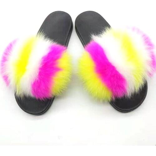 New Design Furry Sandals Fuzzy Slippers Real Big Fur Slides Fur Slippers For Women Plush Flip Flops Fluffy Open Toe Slides