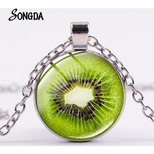 Trendy Green Kiwifruit Fruit Necklace Handmade Lemon Slice Watermelon Funny Fruits Pendant Silver Color ChainFor Unisex