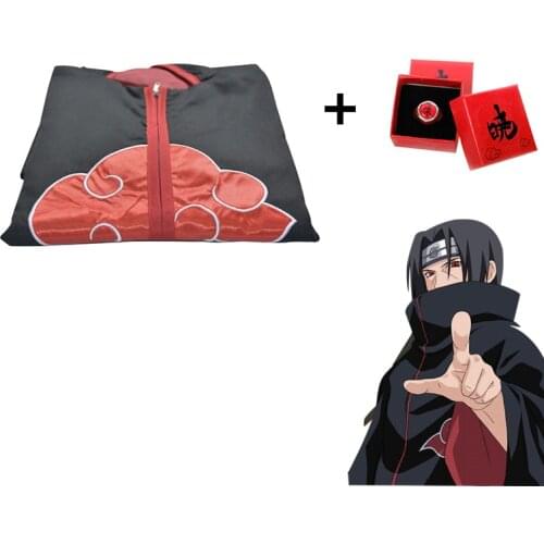 Akatsuki Cloak With Ring Anime Cosplay Costume Pain Itachi Set Deidara Tobi Black Suit Halloween Gift