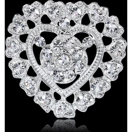 Plated Crystal Rhinestones Diamante Heart Bejeweled Brooch Pins for Wedding Bridal Party Bouquet DIY Accessories AB013