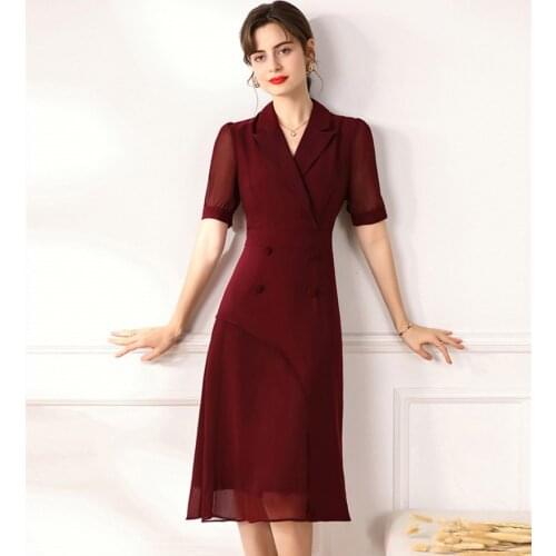 Commuter Elegant Suit Notched Collar Summer New Double-Breasted Short Sleeve Mesh Patchwork Sheath Slim Office Party Dress