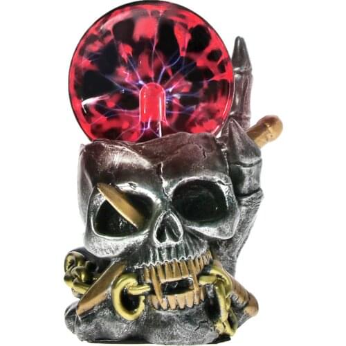 Viking Skull With Dagger Through Statue Figurine Electric Thunder Touch Sense Plasma Ball Lightning Skeleton Head Sculpture