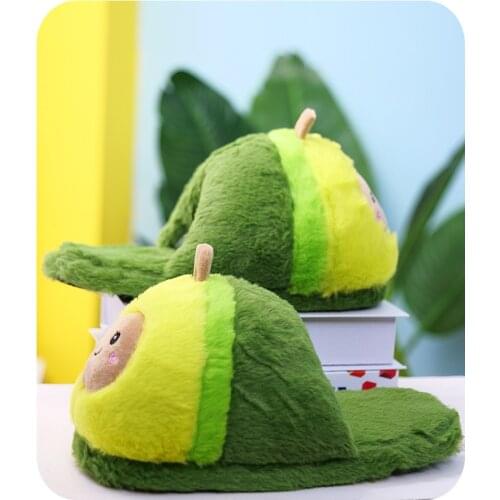 Villa Womens Fur Slippers Cute Cartoon Avocado Pattern Green Bedroom Womens Plush Shoes Indoor Girl Warm Slippers Winter