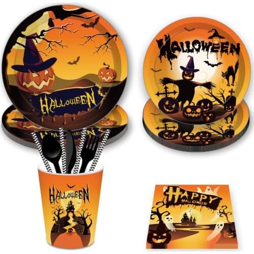 Pumpkins Halloween Party Ceiling Hanging Spirals and Disposable Tableware Sets for Nightclub Happy Halloween Party Decoration